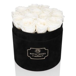 Duży Flower Box Czarny - Białe Wieczne Róże