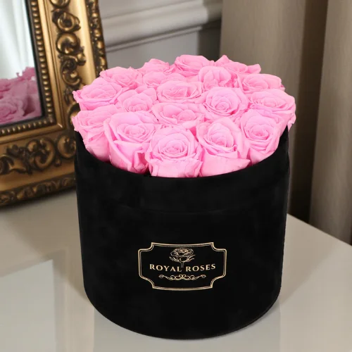 Flowerbox Czarny Duży & Różowe Wieczne Róże