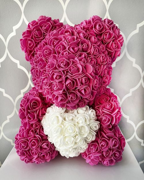 Miś z róż 40 cm różowy z sercem