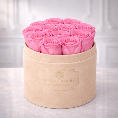 Flowerbox Beżowy Średni & Różowe Wieczne Róże