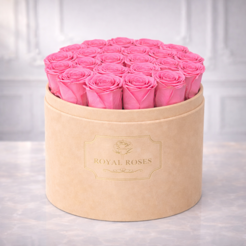 Flowerbox Beżowy Duży & Różowe Wieczne Róże