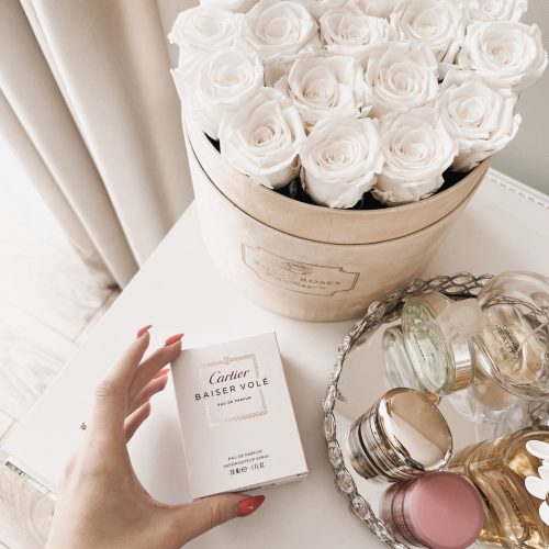 Duży Flower Box Beżowy - Białe Wieczne Róże