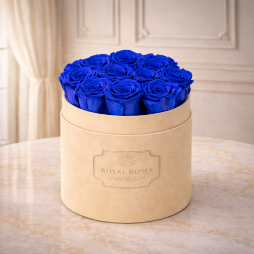 Flowerbox Beżowy Średni & Niebieskie Wieczne Róże