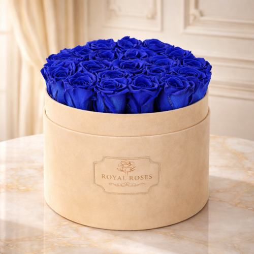 Flowerbox Beżowy Duży & Niebieskie Wieczne Róże