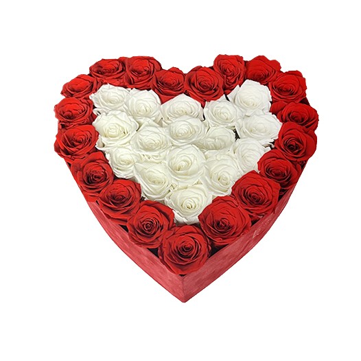 Flower box serce - białe i czerwone wieczne róże