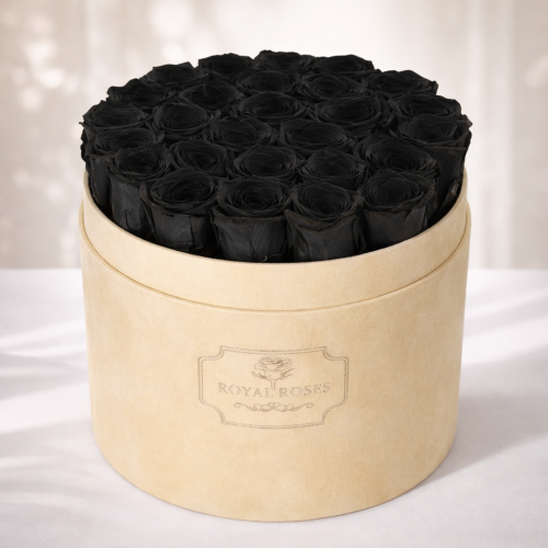 Flowerbox Duży Beżowy & Czarne Wieczne Róże